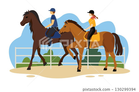 Horse equestrian. Jockeys on horseback. Equine sport. Horseman riding at racetrack. Domestic animal at hippodrome. Purebred stallions. Equestrianism training. Vector horsemanship concept Horse equestrian. Jockeys on horseback. Equine sport. Horseman riding at racetrack. Domestic animal at hippodrome. Purebred stallions. Equestrianism training. Vector horsemanship concept 130299394