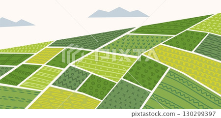 Field pattern. Farm grassland texture, geometric forest countryside with country farmland plants. Grass patch. Rural organic landscape. Environment care symbol. Vector background 130299397