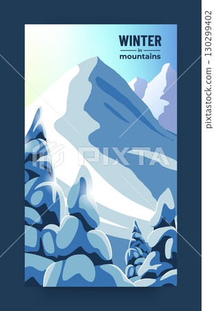 Winter in mountains. Wild nature card. Adventure travel. Ski and snowboard tour. Snowy fir trees. Snow range slope. Cold season range landscape. Wintertime snowdrifts. Vector banner design 130299402