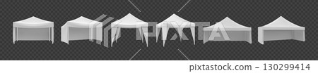 Tent mockup. Exhibition booth. 3D event stand or white gazebo canopy. Outdoor pop up promo material. Trade marquee. Park awning. summer open pavilion. Vector isolated realistic objects set 130299414
