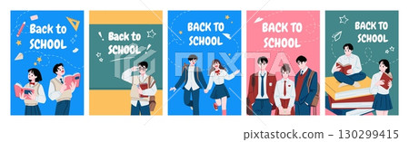 Back to school posters. Students education. Teacher at chalkboard. Schoolchildren in uniform. University people characters or college children training. Vector flat design cards set 130299415