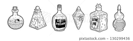 Potion bottle. Poison vintage tattoo, art and love magic vial. Hand drawn alchemist glass drink, alchemy sketch style symbols. Magical love elixir. Fairy phial. Vector isolated set Potion bottle. Poison vintage tattoo, art and love magic vial. Hand drawn alchemist glass drink, alchemy sketch style symbols. Magical love elixir. Fairy phial. Vector isolated set 130299436