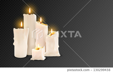 Memorial candle. 3D wax object for fire ceremony. White spa or holiday celebration night. Meditation flame. Paraffin sticks with lit wicks. Vector candlelight on transparent background Memorial candle. 3D wax object for fire ceremony. White spa or holiday celebration night. Meditation flame. Paraffin sticks with lit wicks. Vector candlelight on transparent background 130299438