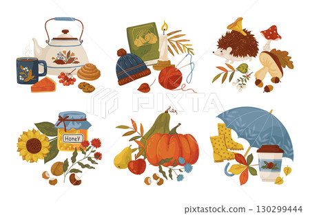 Fall elements. Autumn stickers collection, coffee and pumpkin cozy print or cute leaf composition. Mushroom and yellow leaves, tea drinking and knitting vector cartoon isolated illustration 130299444