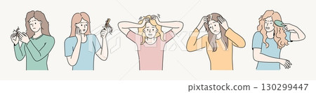 Hair loss. Woman scalp care problems. Fall and damage female skin or girl growth treatment. Health head character drawing. Combing hairstyle. Alopecia disease. Balding people vector set 130299447