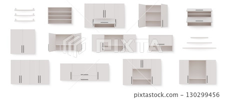 Cabinet shelf. Kitchen open cupboard. Wall drawer shelves. Empty closet rack. Interior bookshelf. Apartment furnishing. Home room commode. Household bookshelf. Vector isolated objects set 130299456