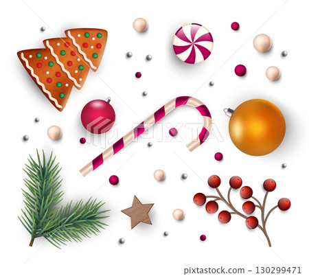 Christmas realistic elements. 3d pine branch, sweets, gingerbread cookie, berries and glass toys for decoration. Cards and posters botanical design. Winter season. Vector isolated illustration 130299471
