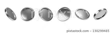 3D coin. Hologram money element. Holographic game currency or bank monetary icons. Casino token render mockup. White metal in perspective view angles. Vector glossy blank metal chips set 3D coin. Hologram money element. Holographic game currency or bank monetary icons. Casino token render mockup. White metal in perspective view angles. Vector glossy blank metal chips set 130299485