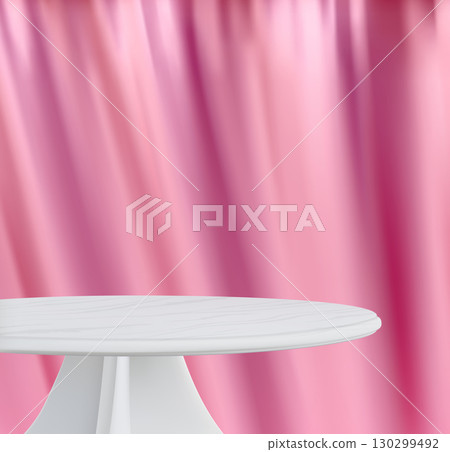 White table. Product podium. Pink silk curtain with shadow on blowing round display. Empty 3d wood for beauty cosmetic presentation. Satin drape. Vector realistic exhibition platform White table. Product podium. Pink silk curtain with shadow on blowing round display. Empty 3d wood for beauty cosmetic presentation. Satin drape. Vector realistic exhibition platform 130299492