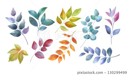Watercolor flowers. Green branch, floral leaves and dry eucalyptus greenery. Light plant painting, botanical colorful wild herb. Summer flora. Isolated decorative vector transparent set Watercolor flowers. Green branch, floral leaves and dry eucalyptus greenery. Light plant painting, botanical colorful wild herb. Summer flora. Isolated decorative vector transparent set 130299499