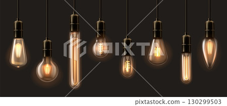 Light bulb. Electric hang edison lamp, retro wire filament, vintage yellow incandescent effect isolated on black background. Different realistic lightbulbs, creative idea symbol. Vector set 130299503