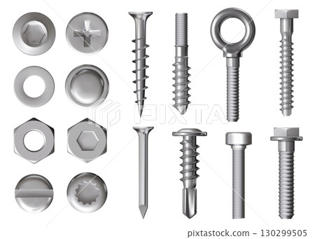 Silver rivet. Stainless steel screw. Bolt and stud nut head. Metal nail pin or fix sign. Iron fixing 3D elements. Hardware assortment. Hexagon fastening. Vector realistic objects set 130299505