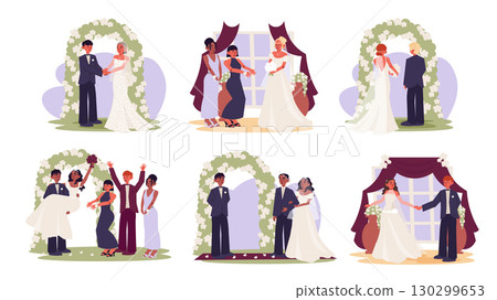 Wedding ceremony concept set for modern web design. Collection with people at marriage party, groom and bride near flower arch, bridesmaid catching bouquets, couple dancing, more. Vector illustration. Wedding ceremony concept set for modern web design. Collection with people at marriage party, groom and bride near flower arch, bridesmaid catching bouquets, couple dancing, more. Vector illustration. 130299653