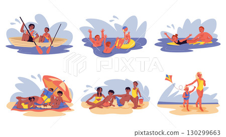 Family beach activities concept set for modern web design. Collection with people boating, swimming in sea, playing ball in water, surfing sunbathing, building in sand, kite fly. Vector illustration. Family beach activities concept set for modern web design. Collection with people boating, swimming in sea, playing ball in water, surfing sunbathing, building in sand, kite fly. Vector illustration. 130299663