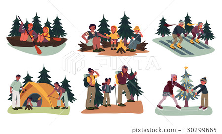 Active leisure concept set for modern web design. Collection with people boating, hiking outdoors, camping and having picnic in forest, trekking, skiing and ice skating at winter. Vector illustration. 130299665