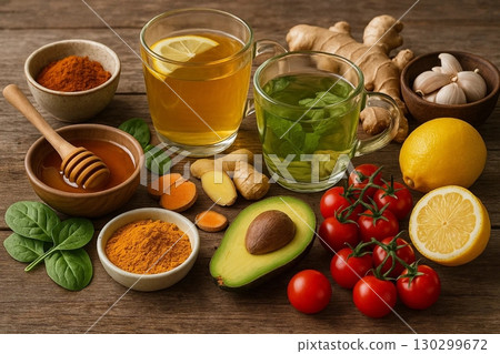 Healthy Ingredients for Wellness Tea Fruits and Spices 130299672
