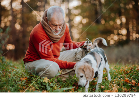 Older man with his dog in autumn nature. 130299784