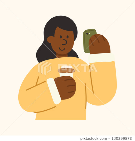 A cartoon illustration of a woman with coffee. Morning beverage and lifestyle concept. A cartoon illustration of a woman with coffee. Morning beverage and lifestyle concept. 130299878