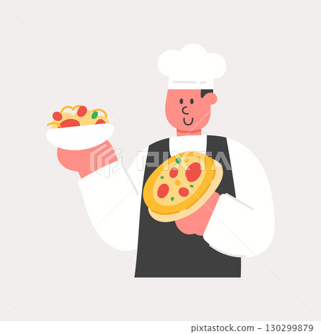 Cartoon illustration of a chef with pizza and pasta. Cooking, food, and Italian cuisine concept. Cartoon illustration of a chef with pizza and pasta. Cooking, food, and Italian cuisine concept. 130299879