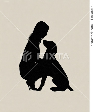 A minimalist silhouette of a woman kneeling and lovingly facing her dog against a neutral background A minimalist silhouette of a woman kneeling and lovingly facing her dog against a neutral background 130300169