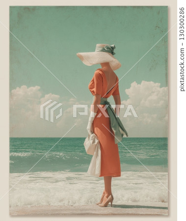 A vintage-style fashion illustration shows a woman in an orange dress and wide hat standing by the ocean 130300286