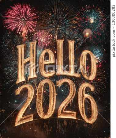 Bright fireworks illuminate the night sky with golden bold text reading "Hello 2026." 130300292