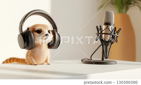 Adorable meerkat character wearing headphones at a condenser microphone on a minimalist white desk in a studio setting Adorable meerkat character wearing headphones at a condenser microphone on a minimalist white desk in a studio setting 130300300