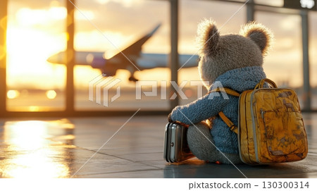 Koala in a hoodie with travel pillow at an airport looking out the window at a plane taking off 130300314
