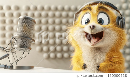 Meerkat character wearing headphones beside a condenser microphone in a white studio Meerkat character wearing headphones beside a condenser microphone in a white studio 130300318