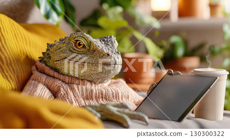 Lizard character in a cozy sweater beside a tablet and cappuccino on a cushion-filled window seat 130300322