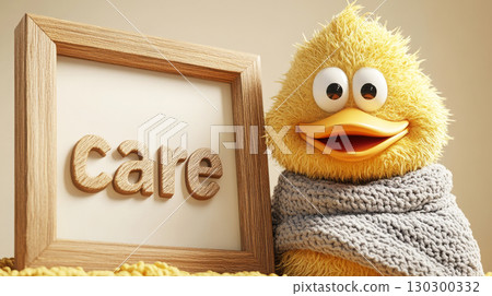 Motherly duck in shawl beside wooden frame with Care on warm beige background 130300332