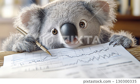 A koala character with a focused expression holding a pen over a financial statement, set against a minimalistic background with discreet graph motifs 130300335
