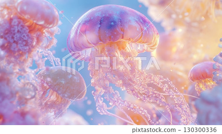 A glowing jellyfish character surrounded by emoji clouds exuding peace, empathy, and inspiration 130300336