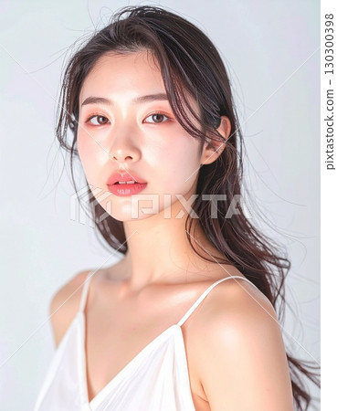 一位女士在簡單背景下回首的肖像 130300398