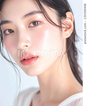 Portrait of a woman looking back against a simple background 130300406