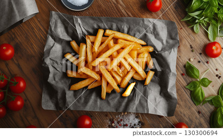 Blank black crumpled baking paper with french fries, ai generated 130300694