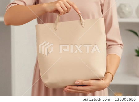 Woman holding leather handbag mockup, ai generated 130300696