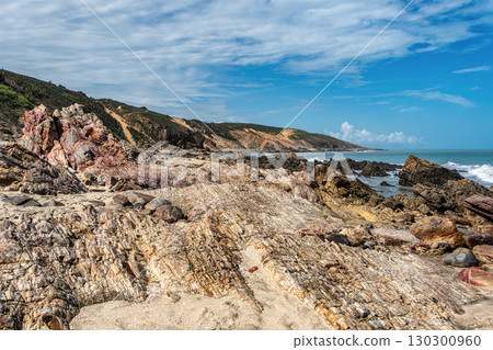 Trail along the coast and beaches from Jericoacoara to Pedra Furada in Ceara State, Brazil. 130300960