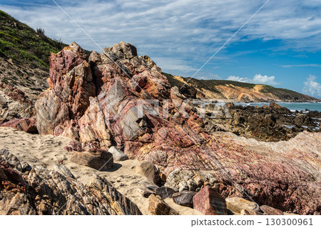 Trail along the coast and beaches from Jericoacoara to Pedra Furada in Ceara State, Brazil. 130300961