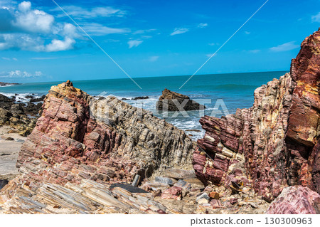 Trail along the coast and beaches from Jericoacoara to Pedra Furada in Ceara State, Brazil. 130300963