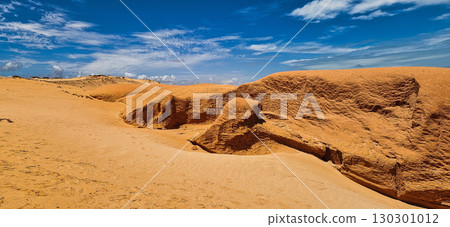The rock formations at Canoa Quebrada Beach at Canoa Quebrada, state of Ceara, Brazil 130301012