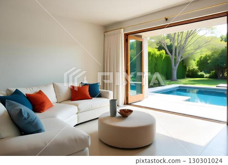 beautiful luxury comfortable pillow on sofa decoration outdoor patio with wooden house 130301024