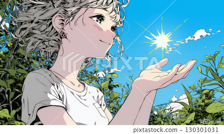 A woman taking a selfie with the sun in the palm of her hand 130301031