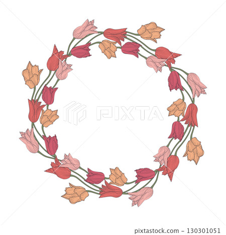 Pink and yellow hand drawn line art tulips flowers wreath isolated on white 130301051
