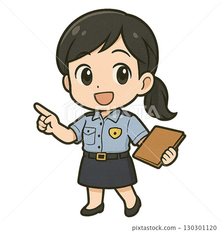 A female police officer in a summer uniform holding documents and pointing with a smile 130301120