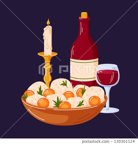 Festive table for Rosh Hashanah holiday with a burning candle, kiddush bottle, glass of wine and a bowl of traditional matzo soup symbolizing a Jewish holiday meal celebration in cartoon style. Festive table for Rosh Hashanah holiday with a burning candle, kiddush bottle, glass of wine and a bowl of traditional matzo soup symbolizing a Jewish holiday meal celebration in cartoon style. 130301124