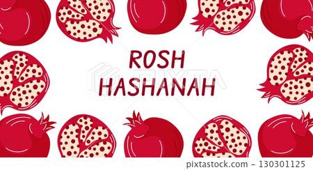 Festive Rosh Hashanah greeting design with red pomegranate and seeds arranged around text on a white background symbolizing Jewish new year celebration in flat style. 130301125