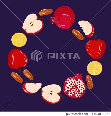 Colorful wreath made of apple, pomegranate, lemon and dates arranged in a circular frame on a dark background symbolizing harvest nutrition and seasonal food design. 130301126