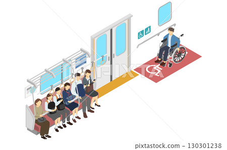 Isometric illustration: train seats and wheelchair space Isometric illustration: train seats and wheelchair space 130301238