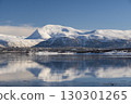 Snow covered coast of Norwegian fjord near Troms at Christmas time. A sunny winter day in Northern Norway above the Arctic Circle 130301265